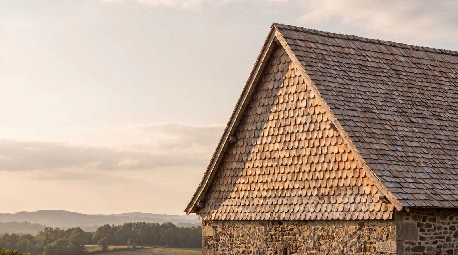 Toiture en bardeaux de châtaignier fendu d'un manoir en pierre du Limousin au soleil couchant