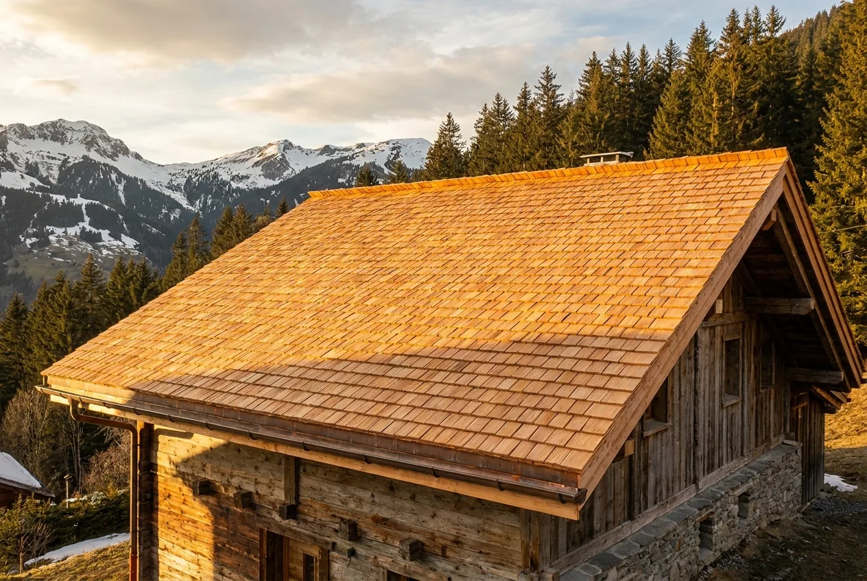 Chalet de montagne au toit en bardeaux de châtaignier