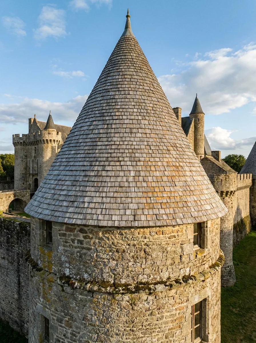 Tour de château en pierre au toit conique en bardeaux de châtaignier