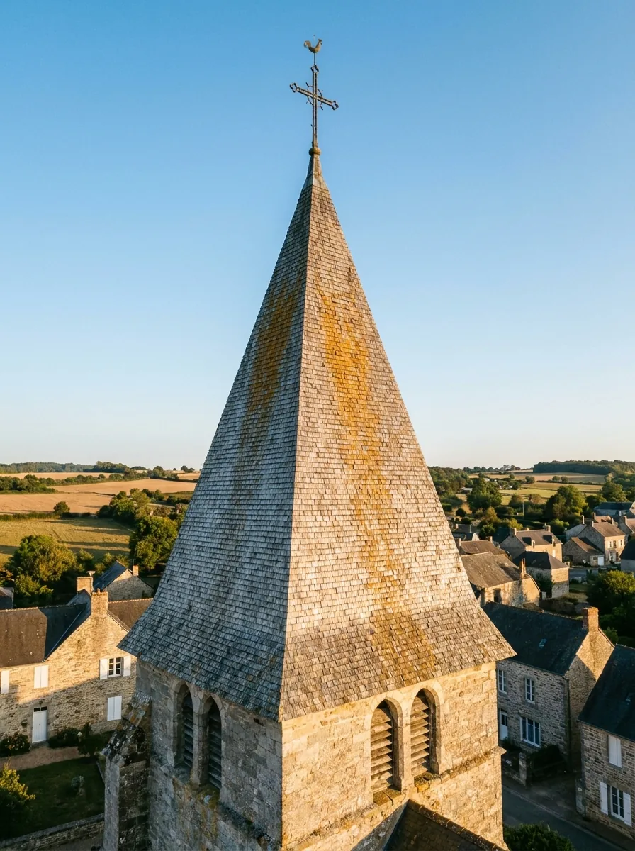 Clocher d'église à la flèche couverte en bardeaux de châtaignier