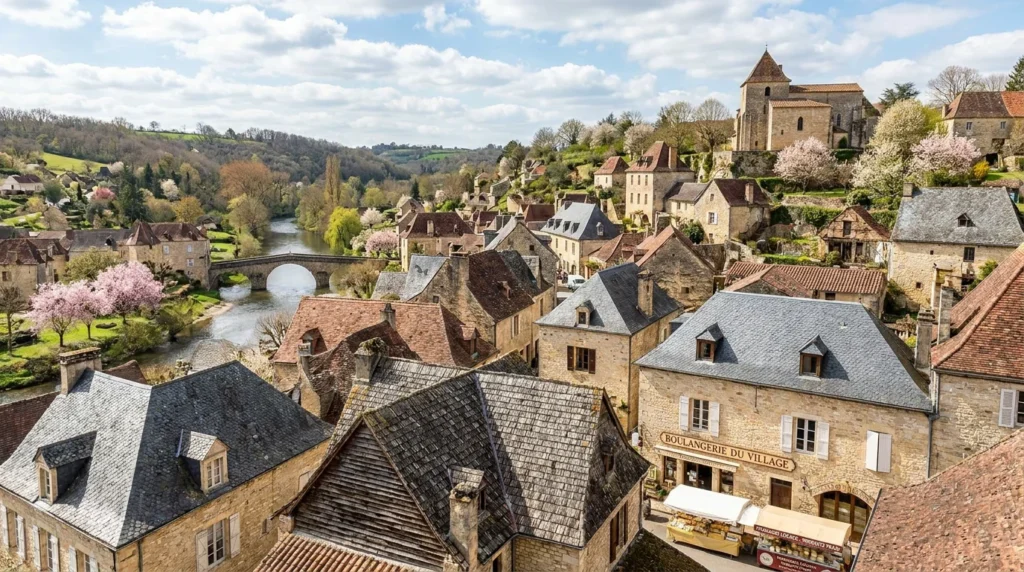 Village français avec toitures en ardoise, tuile et bardeau de bois sous un ciel de printemps