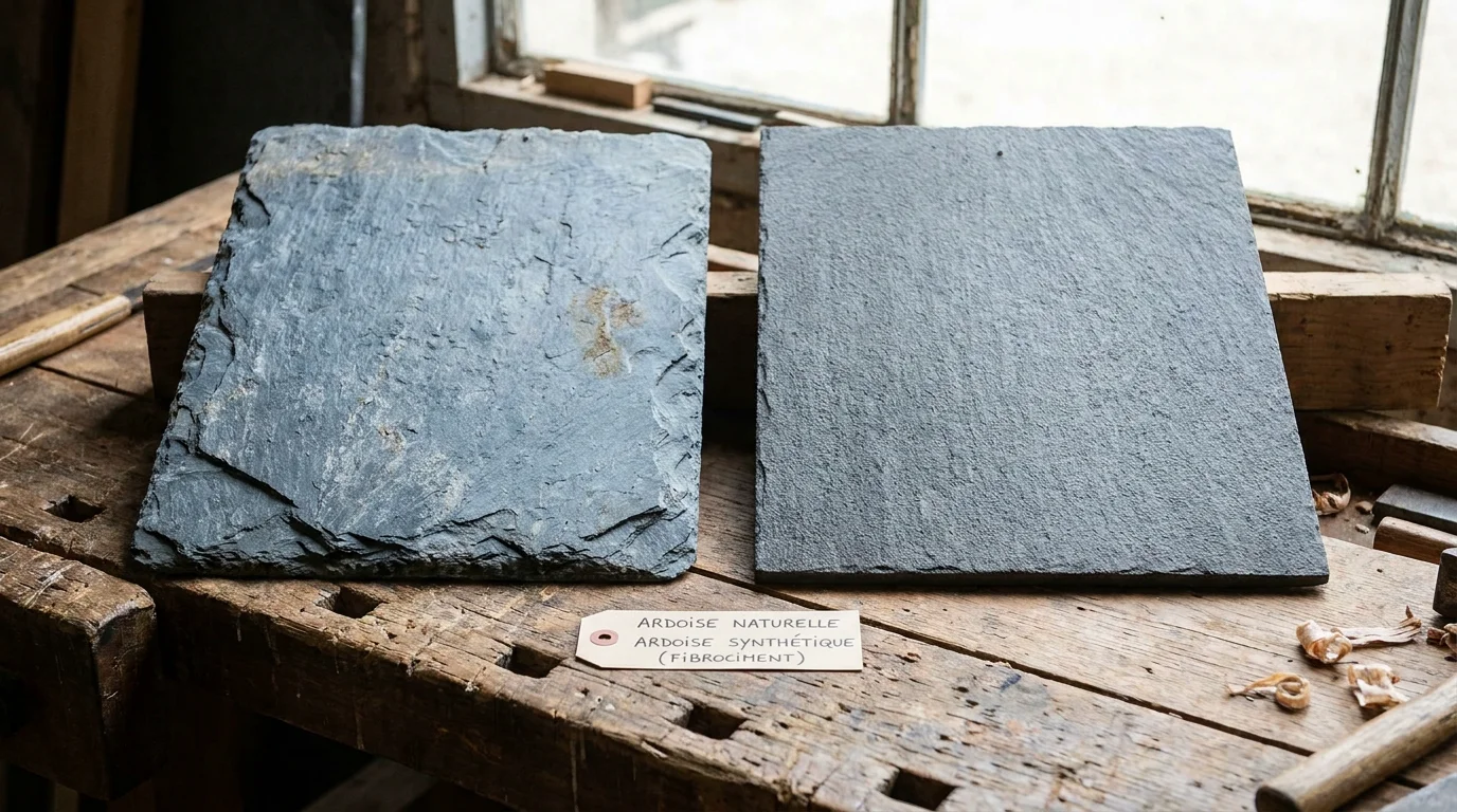 Comparaison entre une ardoise naturelle et une ardoise synthétique posées sur un établi
