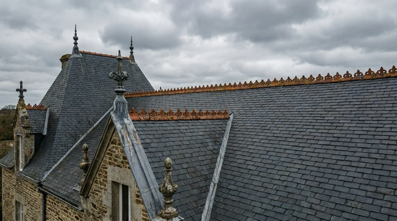 Toiture en ardoise naturelle sur une maison traditionnelle en pierre en France