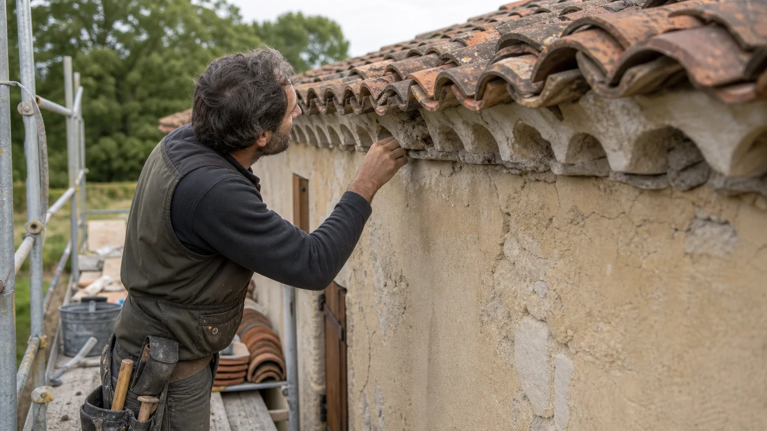 Artisan contrôlant une génoise traditionnelle sur une maison ancienne
