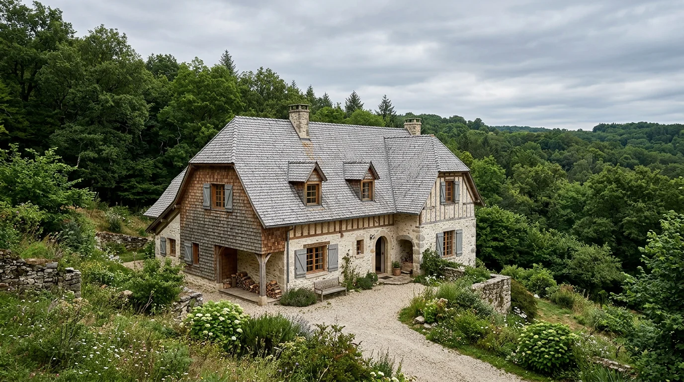 Toiture et façade d'une maison de caractère couvertes de bardeaux de châtaignier