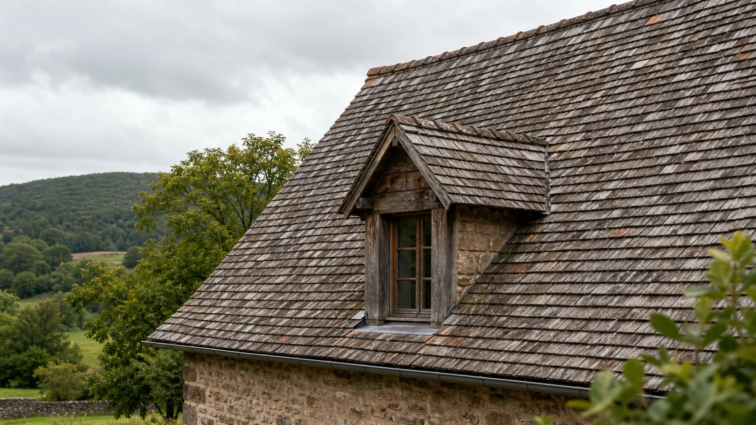 Toiture ancienne couverte de tavaillons de bois patinés
