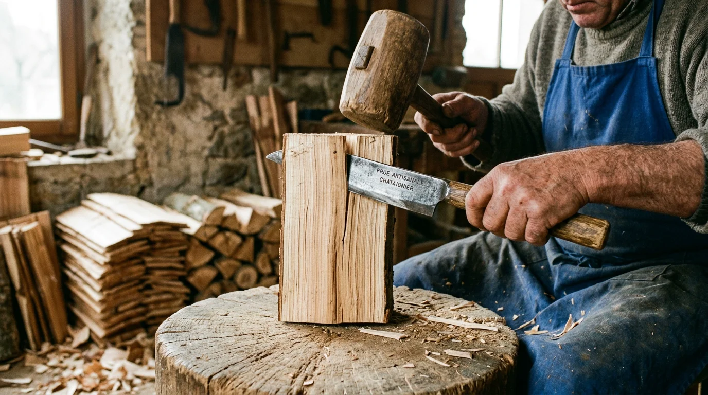 Artisan fendant à la main un bardeau de châtaignier avec un départoir