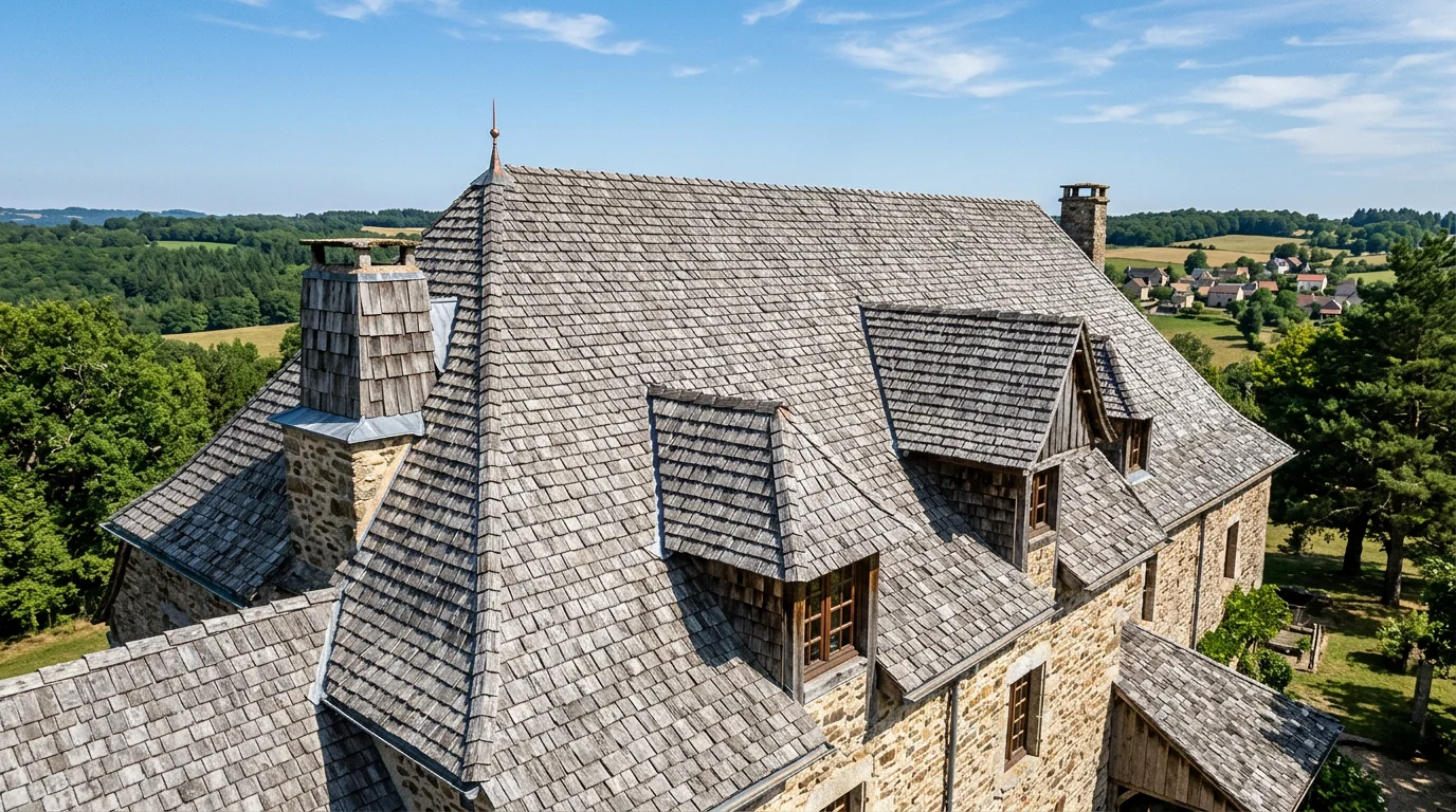 Toiture patrimoniale couverte de bardeaux de châtaignier patinés en gris argenté