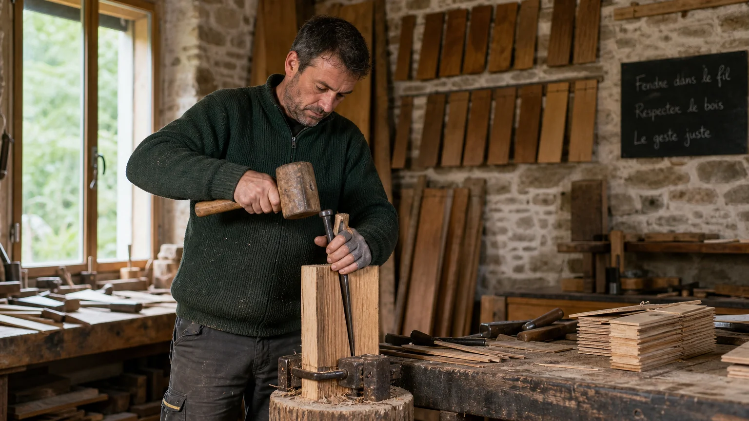 Artisan fendant des bardeaux de châtaignier dans un atelier français