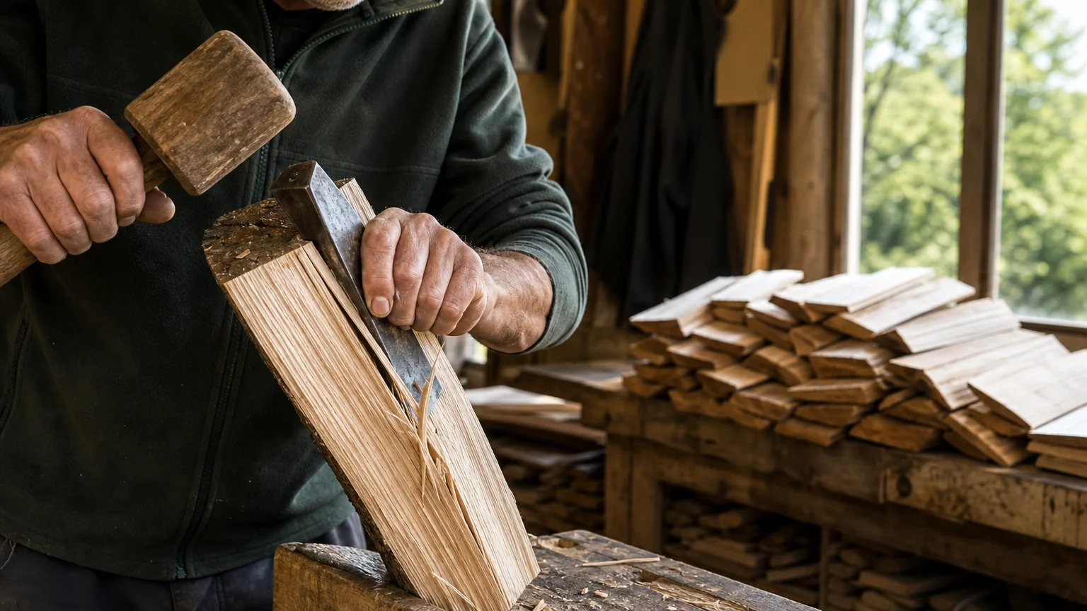 Artisan fendant à la main un bardeau de châtaignier dans un atelier