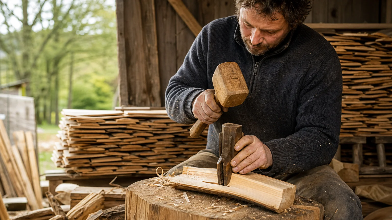 Artisan fendant un billot de châtaignier pour fabriquer des tavaillons bois