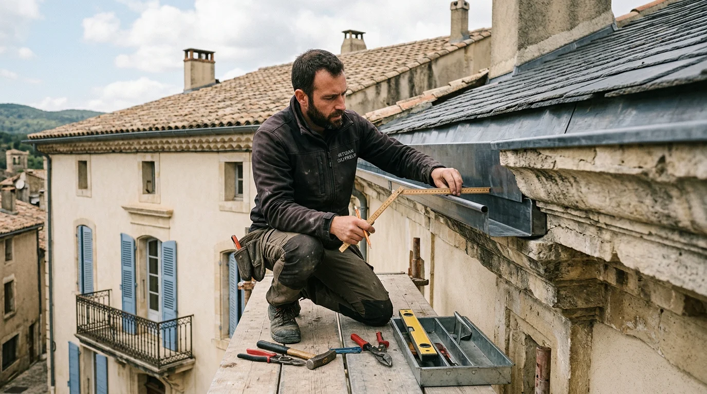 Couvreur posant un chéneau métallique sur la corniche d'un bâtiment