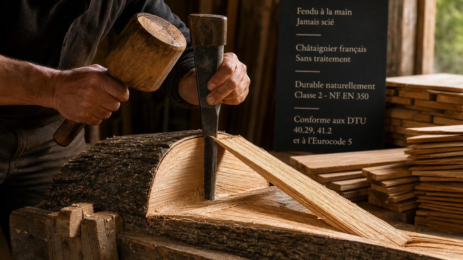 Artisan fendant à la main une bille de châtaignier pour fabriquer des bardeaux