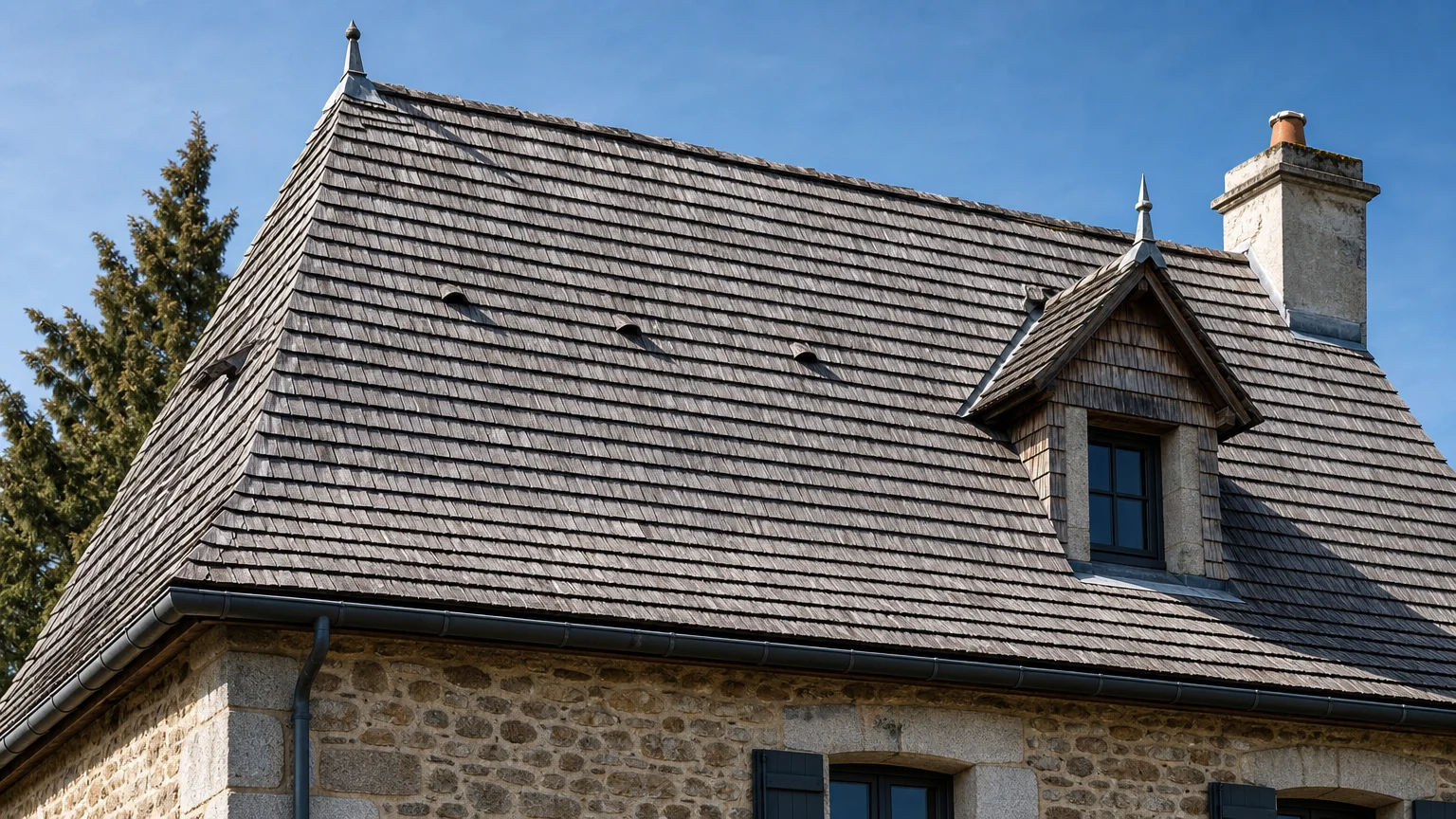 Toiture en bardeaux de châtaignier sur une maison en pierre restaurée