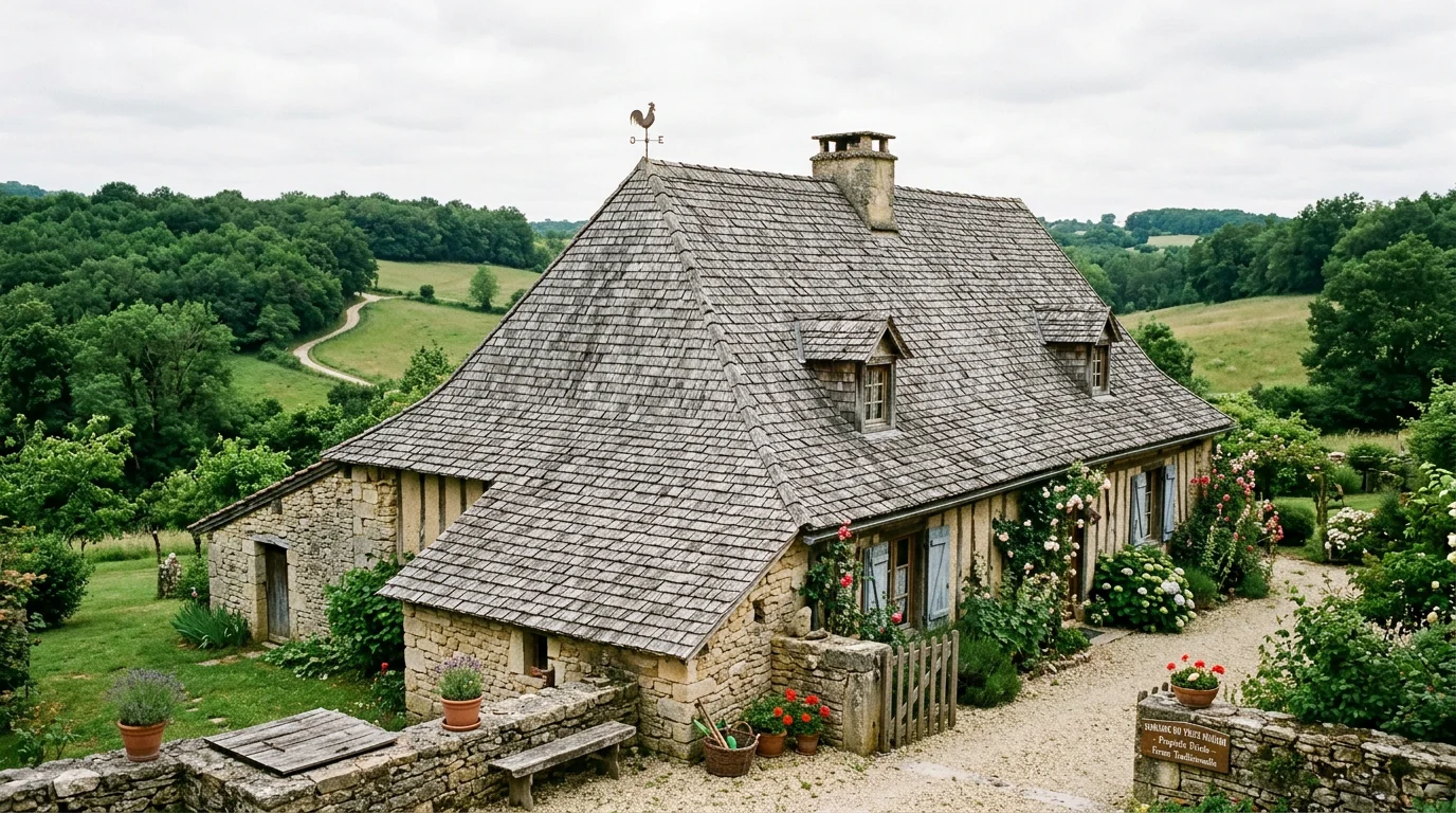 Toiture en bardeaux de châtaignier patinés en gris sur une maison de campagne