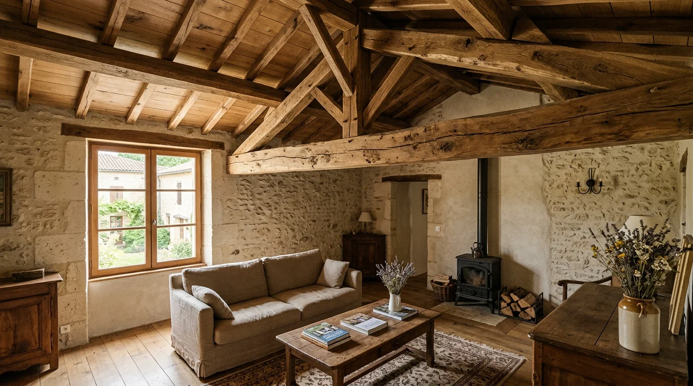 Poutres apparentes en châtaignier massif dans un intérieur rénové