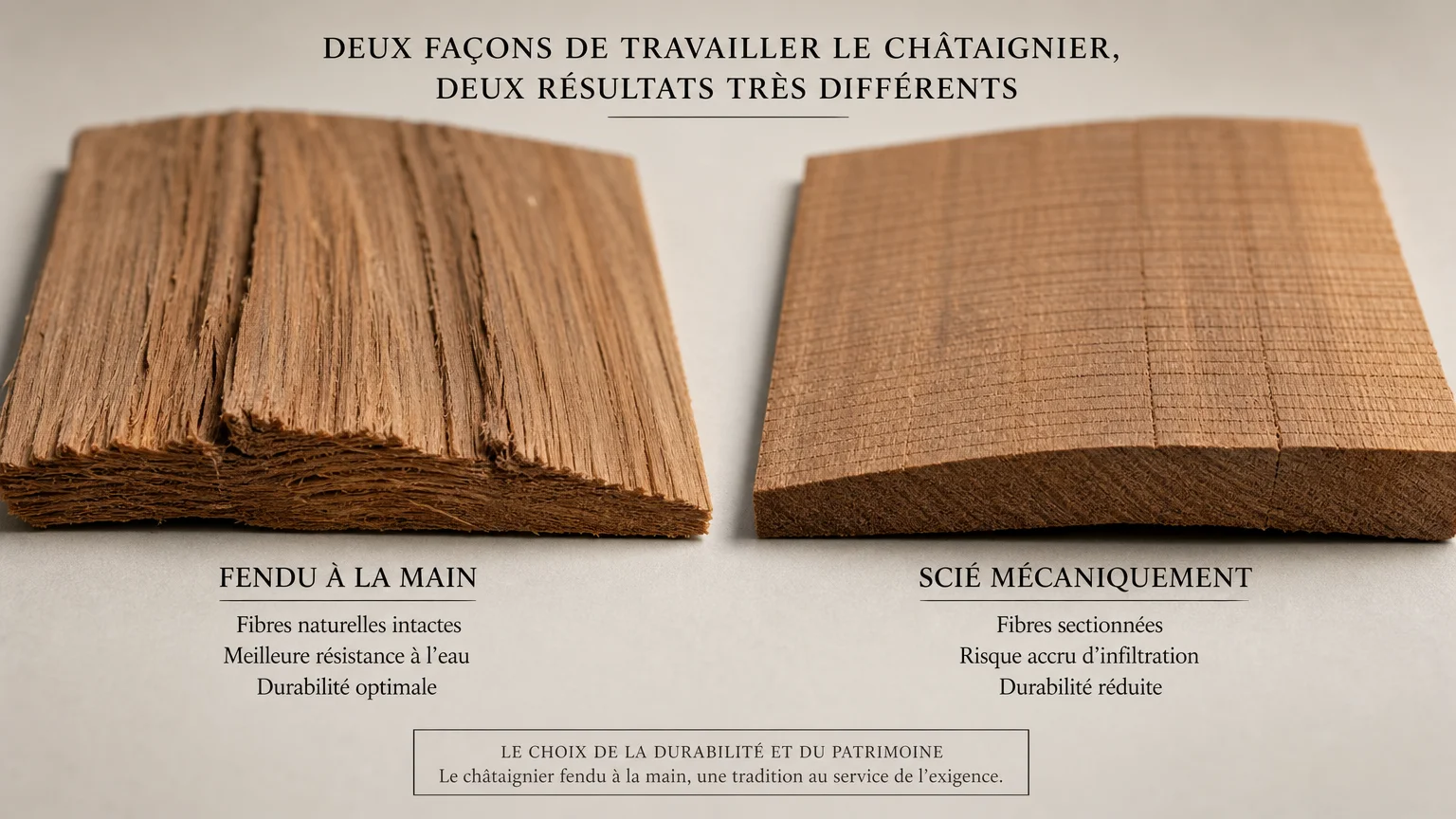 Comparaison entre un bardeau de châtaignier fendu et un bardeau scié
