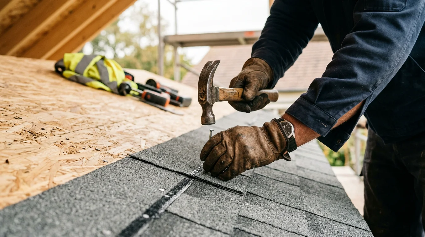 Pose de bardeaux bitumés cloués sur un platelage en bois