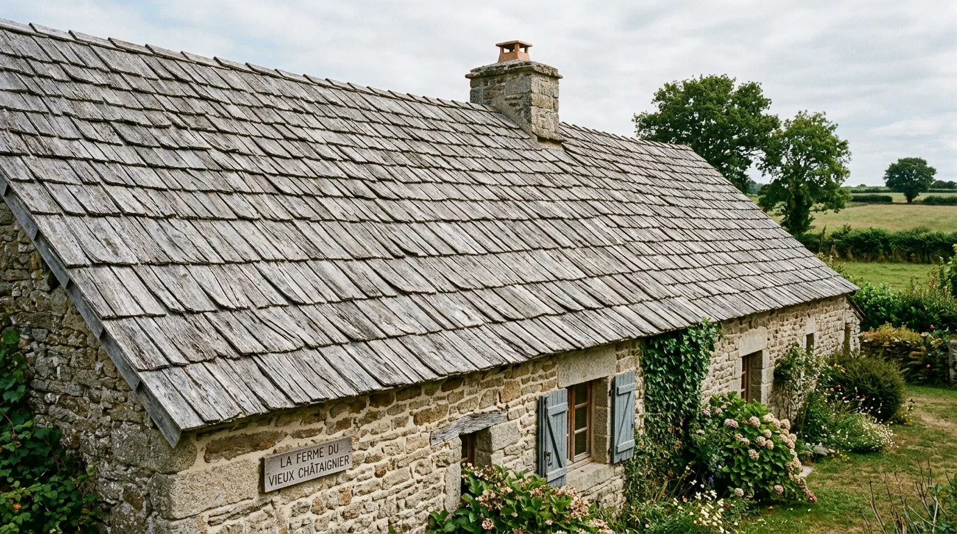 Toiture en bardeaux de châtaignier fendus sur une longère