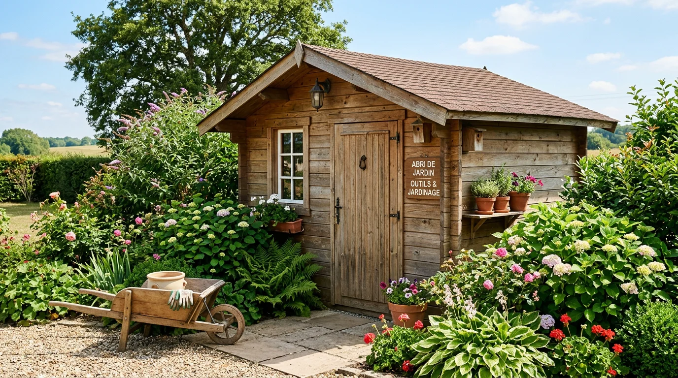 Abri de jardin en bois avec toiture en bardeaux dans un jardin