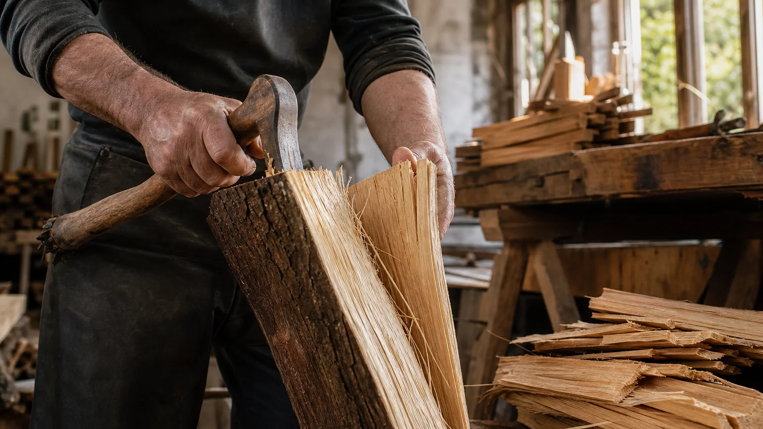 Artisan fendant un bardeau de châtaignier dans le fil du bois