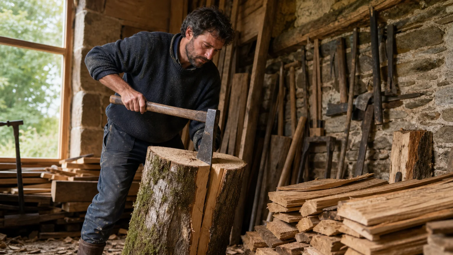 Artisan fendant à la main des bardeaux de châtaignier dans un atelier français