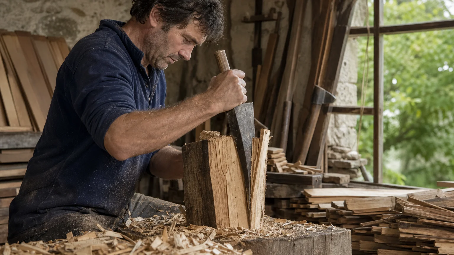 Artisan fendant à la main un bardeau de châtaignier dans un atelier