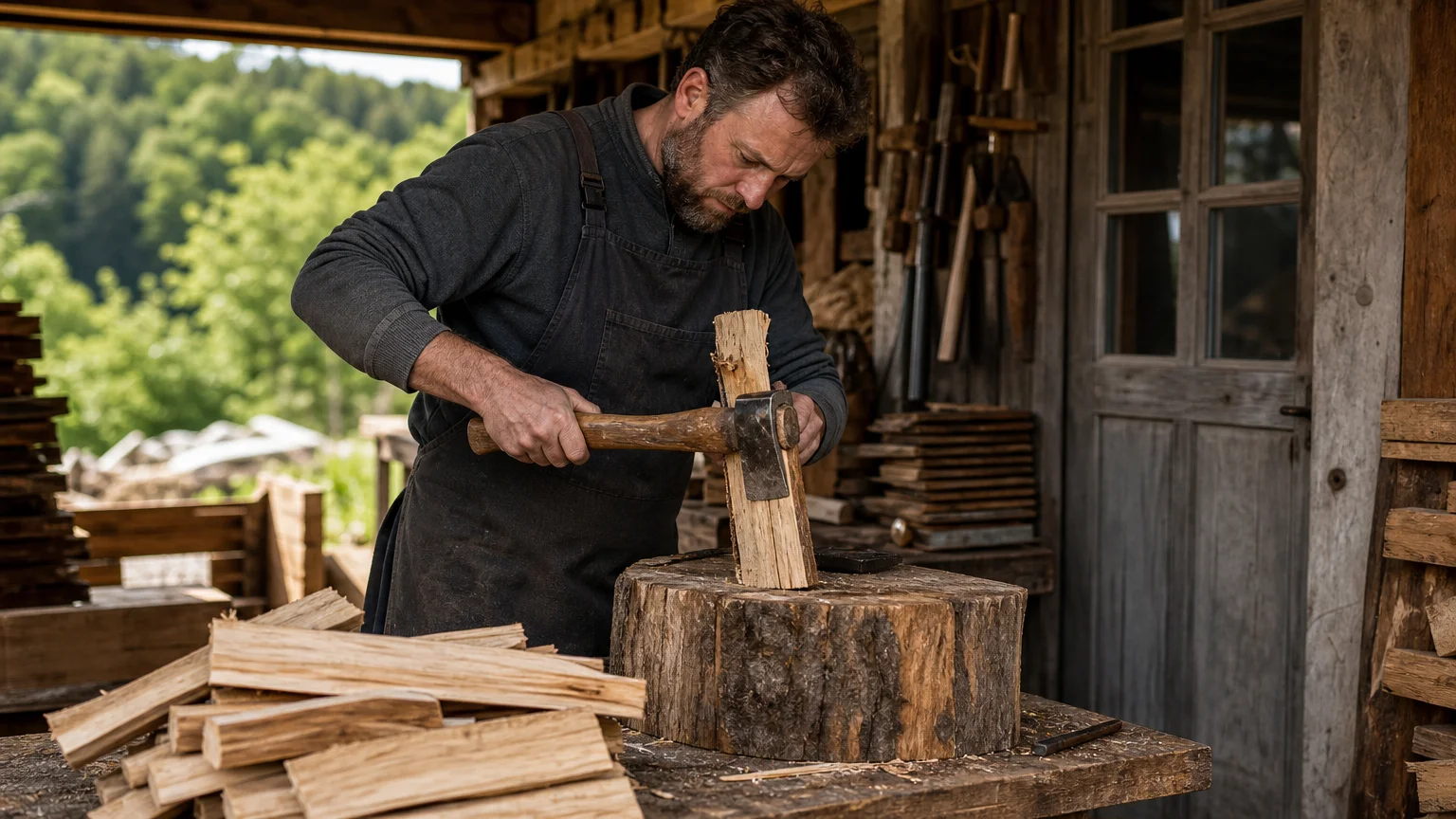 Bardeaux de châtaignier fendus à la main dans un atelier français