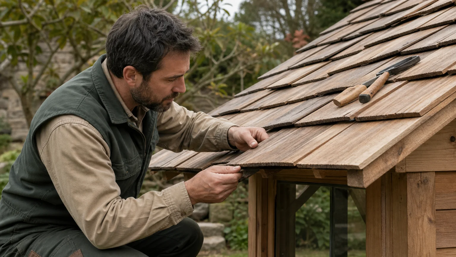 Artisan vérifiant un bardeau en bois sur la toiture d’un kiosque