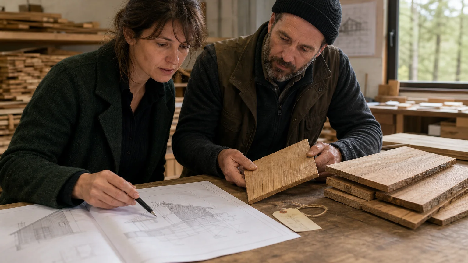 Professionnels examinant un dossier technique et des bardeaux en bois