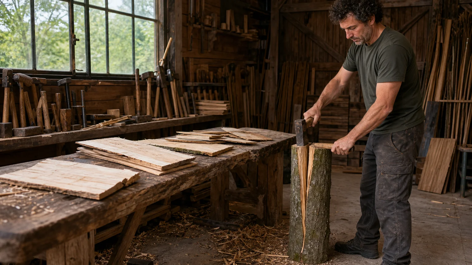 Artisan fendant manuellement du châtaignier dans un atelier français