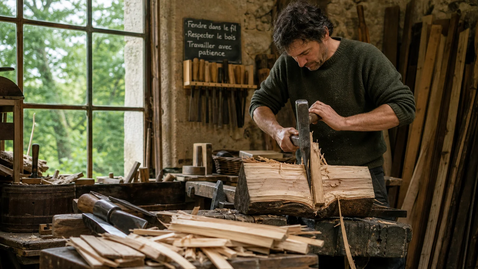 Artisan fendant manuellement des bardeaux de châtaignier dans un atelier
