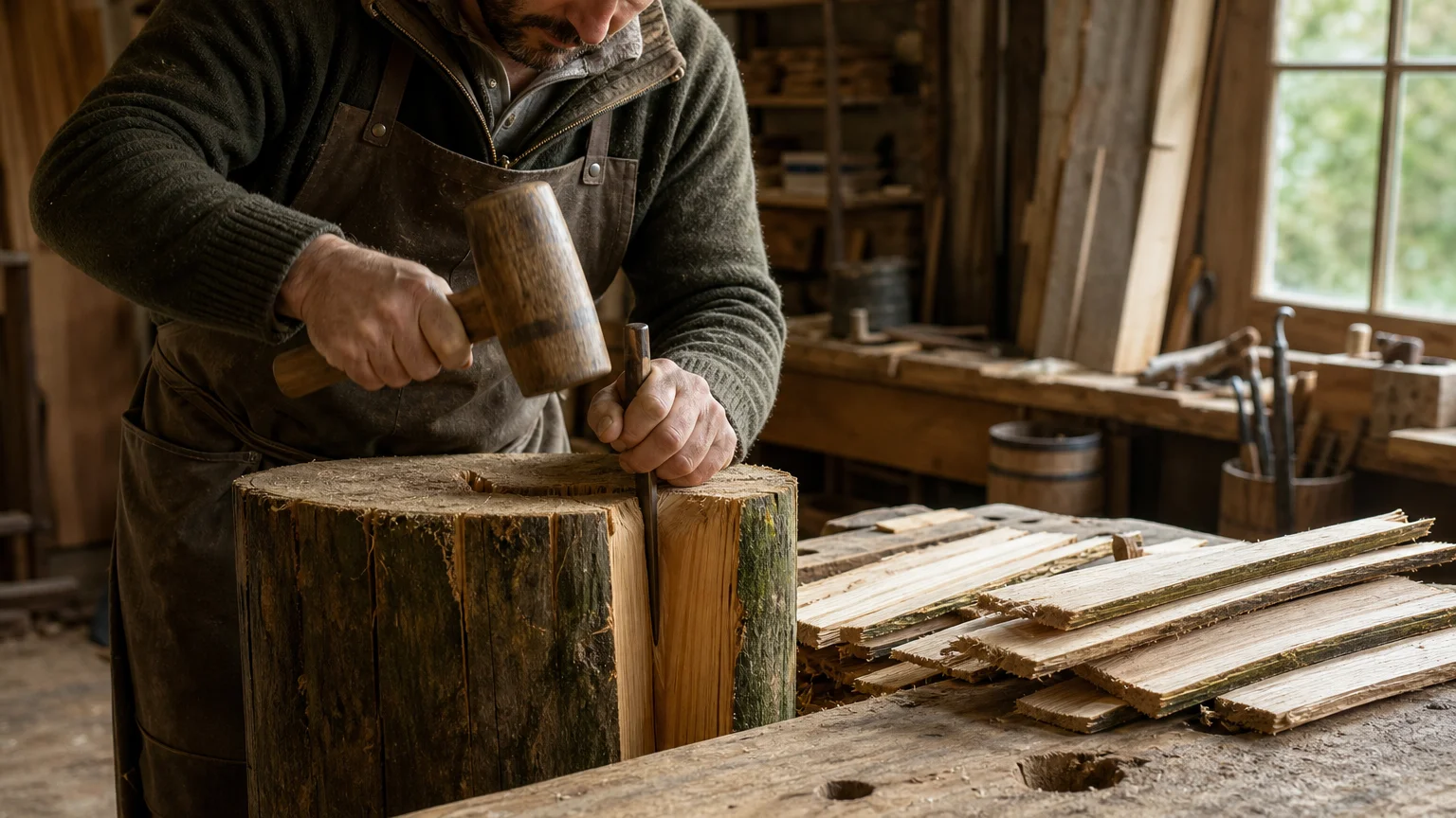 Artisan fendant à la main un bardeau de châtaignier dans un atelier